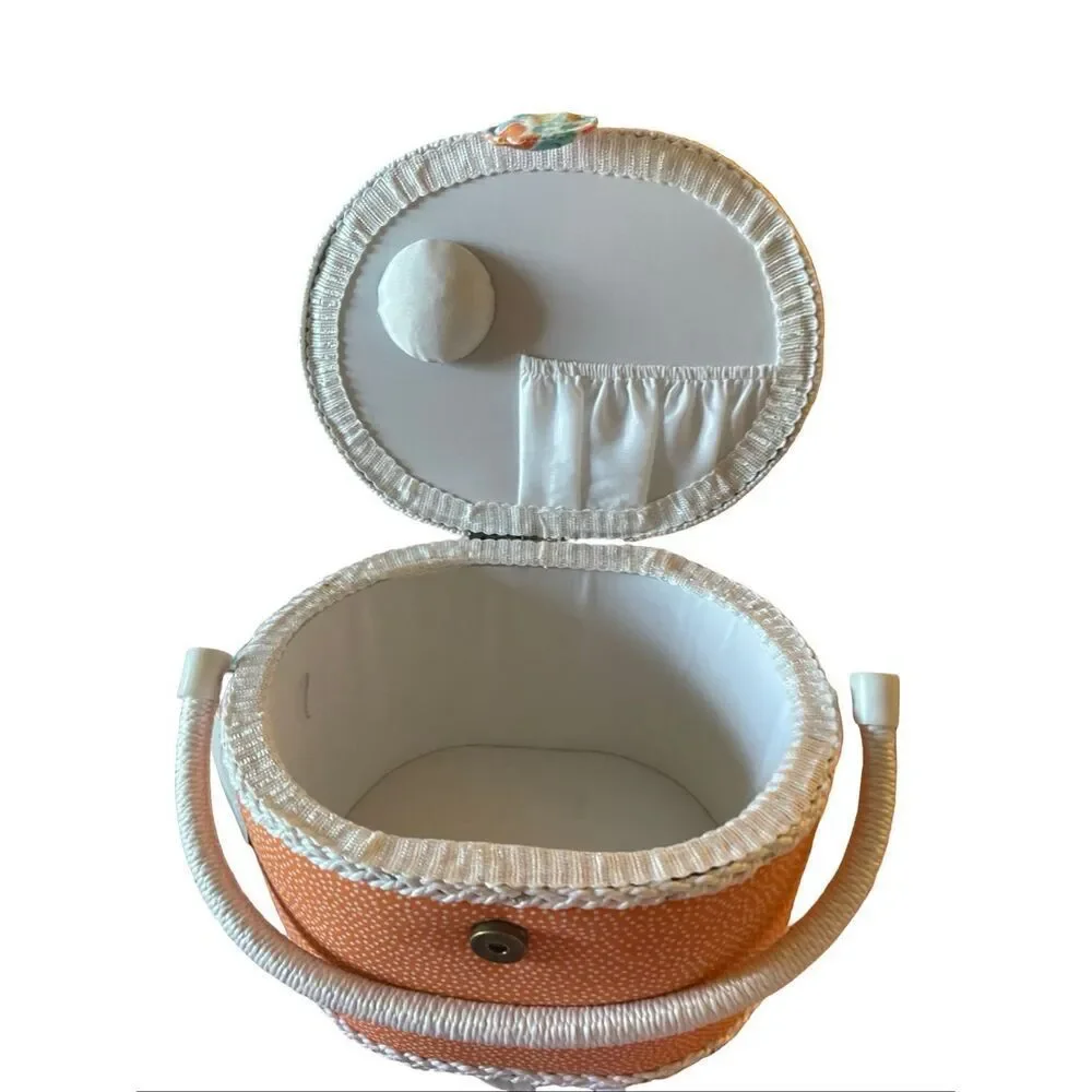 NEW St. Jane Collection Orange Polka Dot Base Floral Lid Footed Sewing Basket